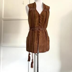 Vintage 70s Suede and Crochet Vest Brown Boho Hippie Patchwork Tassel Tie OS